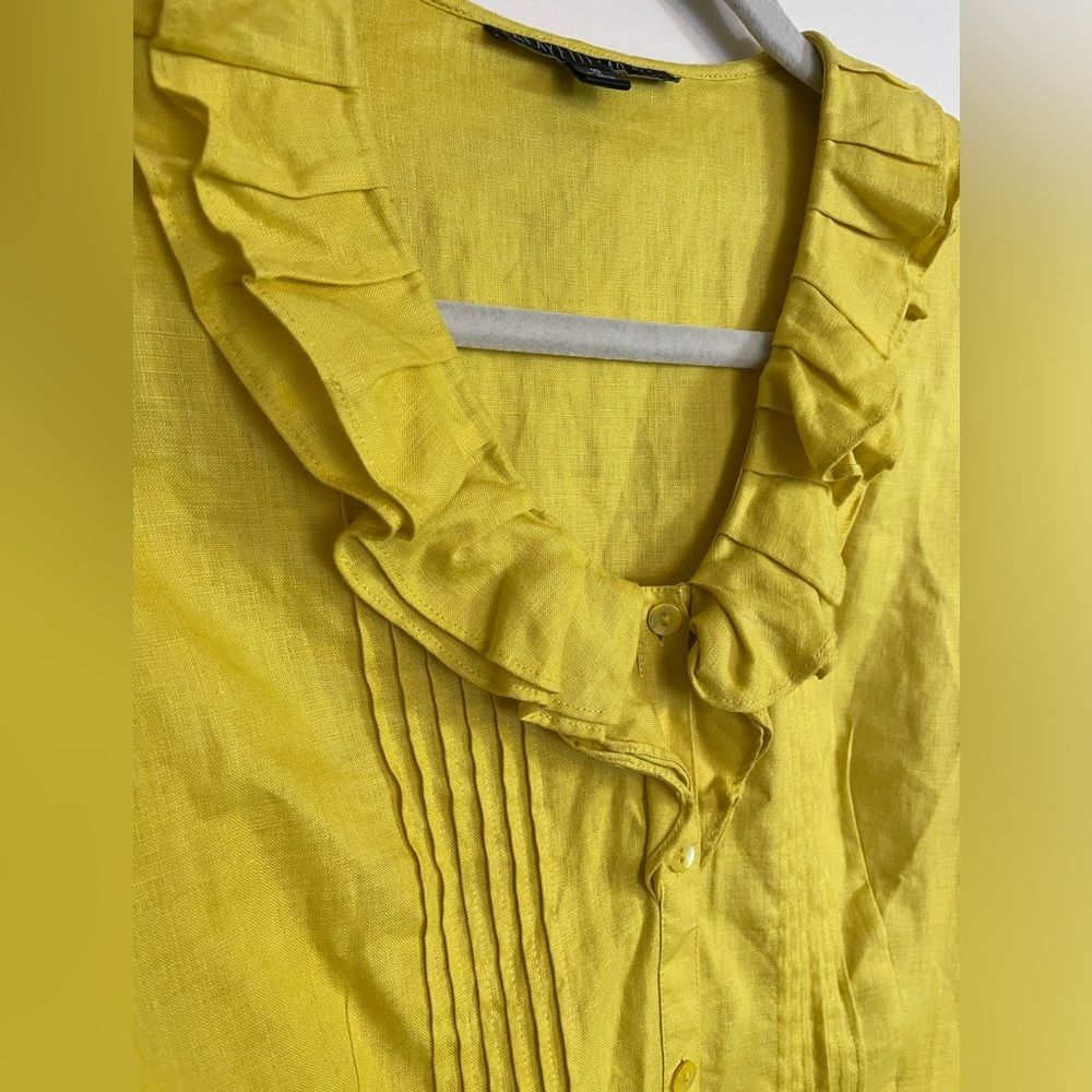 Lafayette 148 New York Luxury Yellow Ruffle Vneck Button Down Linen Blouse Sz10 - Picture 7 of 8